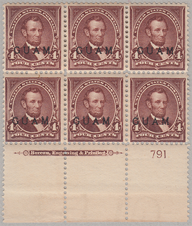 グアム　1899年 普通切手4c　6枚ブロック