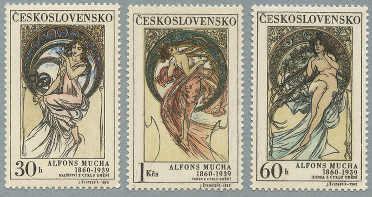 チェコスロバキア 1969年アルフォンス・ミュシャの作品３種 - 日本切手 