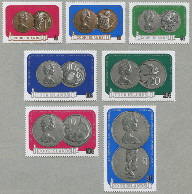 クック諸島 1973年エリザベス女王銀婚式記念硬貨７種 - 日本切手・外国
