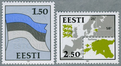 エストニア1991年エストニアの地図と旗2種