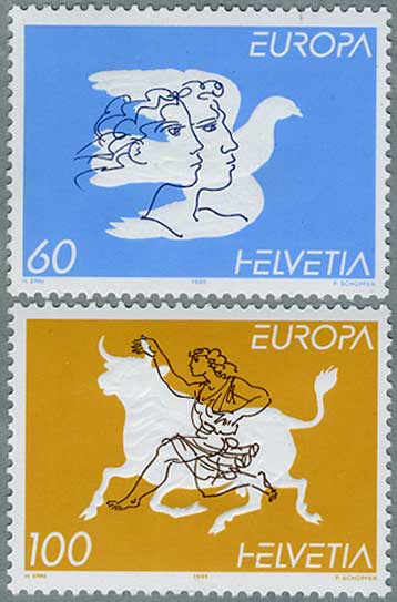 スイス1995年ヨーロッパ切手 ハトと二人の人物(60c)など2種