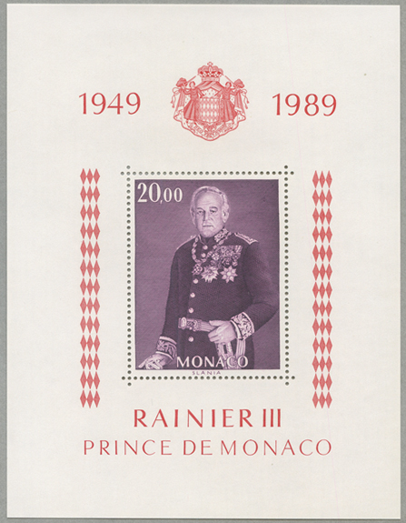 モナコ 19年モナコ公レーニエ３世即位40年 小型シート 日本切手 外国切手の販売 趣味の切手専門店マルメイト
