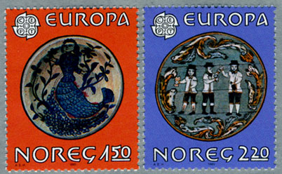 ノルウェー1981年ヨーロッパ切手「人魚の絵皿」など2種