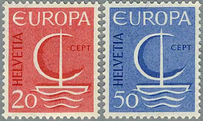 スイス1966年ヨーロッパ切手2種「帆船」