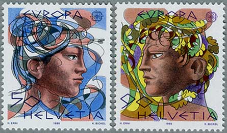 スイス1986年ヨーロッパ切手男女の顔2種