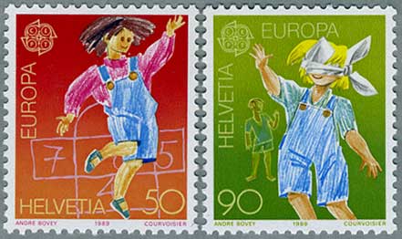 スイス1989年ヨーロッパ切手 石けり(50c)など2種