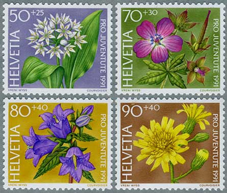 スイス 1991年スイスの花4種 - 日本切手・外国切手の販売・趣味の切手専門店マルメイト