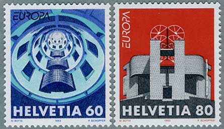 スイス1993年ヨーロッパ切手 建築家マリオ・ボッタの作品2種