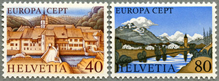 スイス1977年ヨーロッパ切手 サン・ウルザネの風景など2種