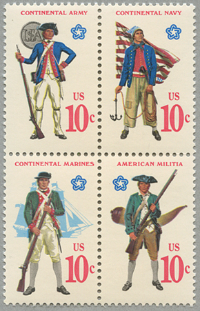 アメリカ 1975年独立戦争0年独立戦争当時の軍服4種連刷 日本切手 外国切手の販売 趣味の切手専門店マルメイト