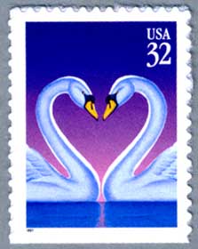 愛の切手ハートのハクチョウ紫
